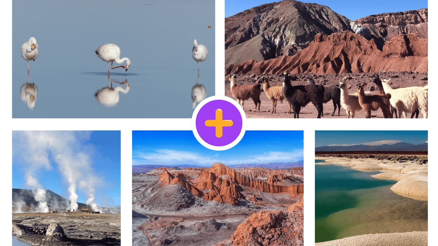 Paquete Turístico 3D: Valle del Arcoiris + Valle de la Luna + Geysers del Tatio + Laguna Cejar + Piedras Rojas